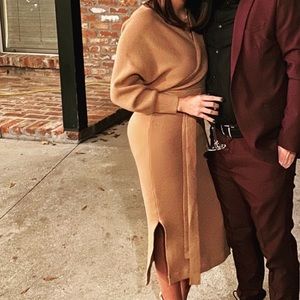 Tan sweater midi dress with belted tie